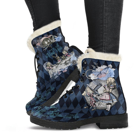 Faux Fur Combat Boots - Alice in Wonderland Gifts #102 Blue