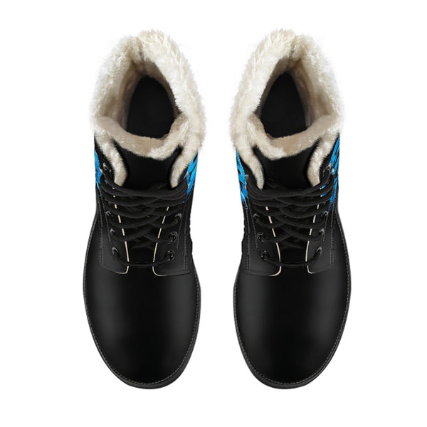 Faux Fur Combat Boots - Elegant Blue Roses | Women’s Black