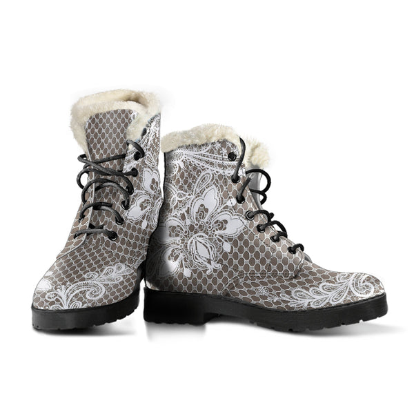 Faux Fur Combat Boots - White Lace Print #201 | Women’s
