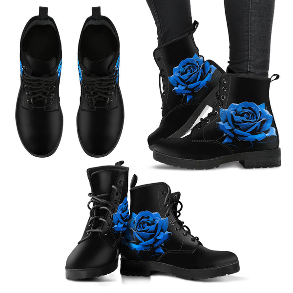 Black Combat Boots - Elegant Blue Roses | Women’s Black