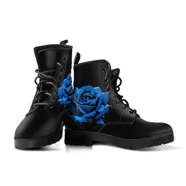 Black Combat Boots - Elegant Blue Roses | Women’s Black