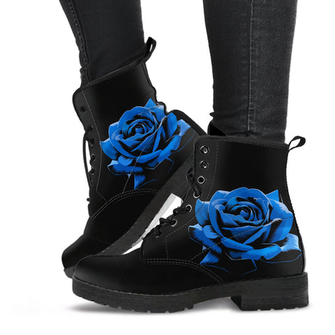 Black Combat Boots - Elegant Blue Roses | Women’s Black