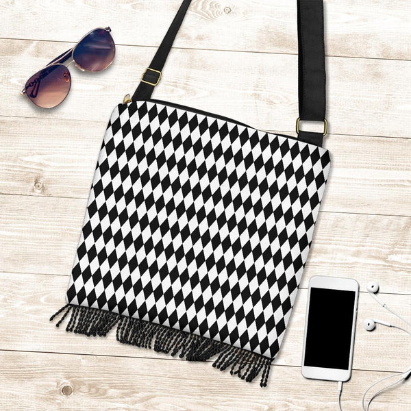 Boho Bag (Canvas) - Black and White Harlequin| Hobo Slouchy