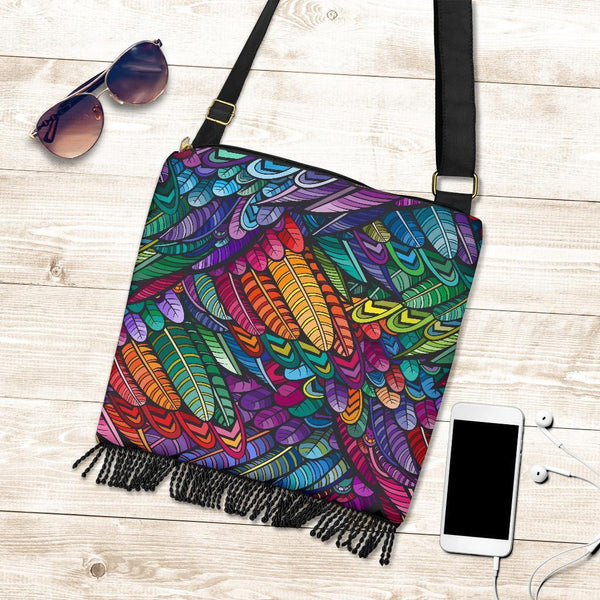 Boho Bag (Canvas) - Bohemian Colorful Feathers | Hobo