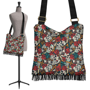 Boho Bag (Canvas) - Skulls and Red Roses | Hobo Slouchy Bag