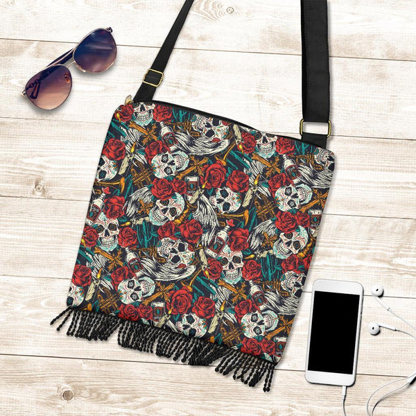 Boho Bag (Canvas) - Skulls and Red Roses | Hobo Slouchy Bag