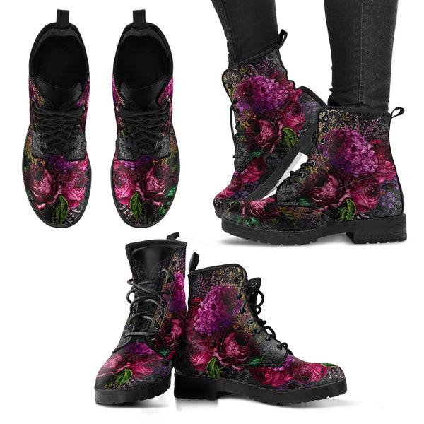 Combat Boots - Beautiful Flowers #105 Black | Vegan Leather
