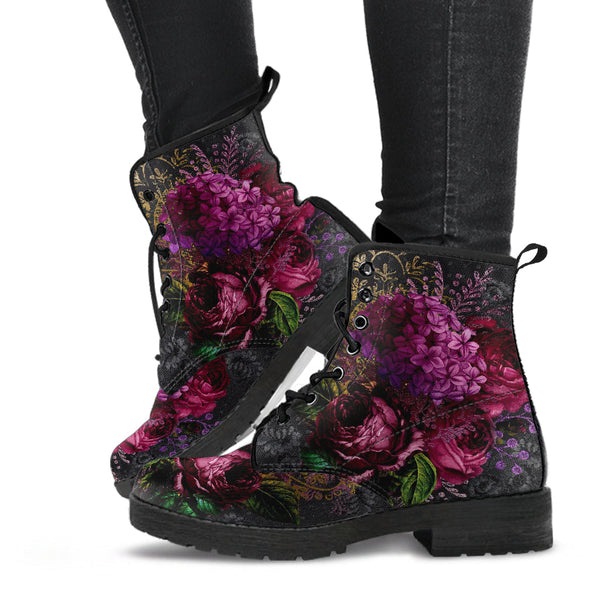 Combat Boots - Beautiful Flowers #105 Black | Vegan Leather