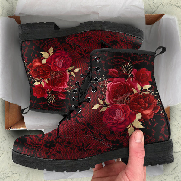 Combat Boots - Beautiful Flowers #107 Red | Cute Kawaii