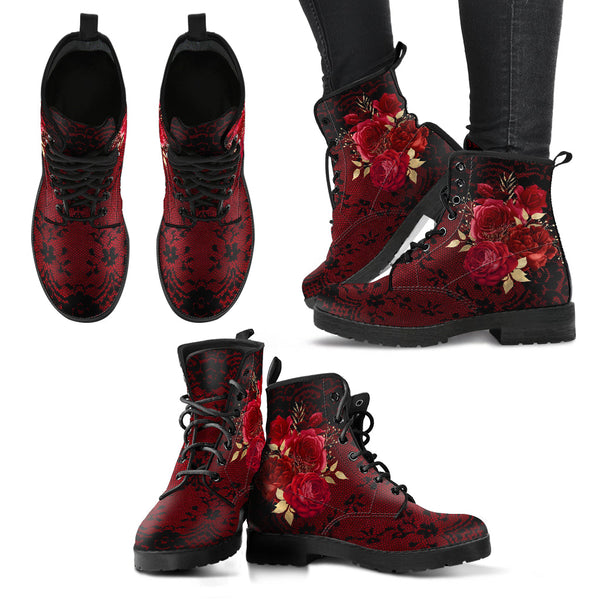 Combat Boots - Beautiful Flowers #107 Red | Cute Kawaii