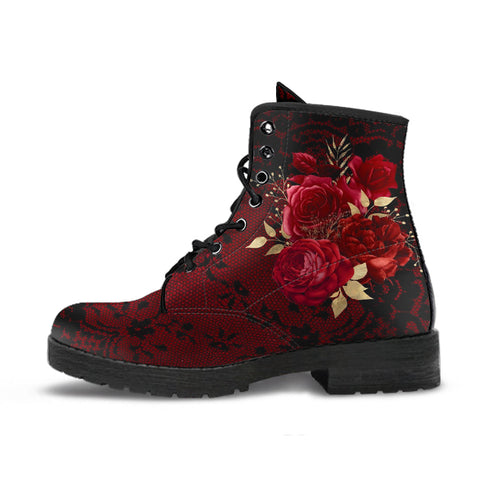 Combat Boots - Beautiful Flowers #107 Red | Cute Kawaii