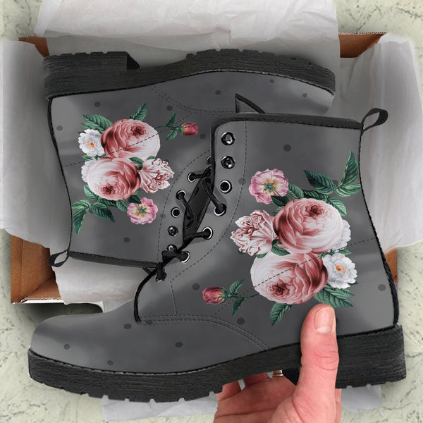 Combat Boots - Beautiful Flowers #12 Gray | Vegan Leather