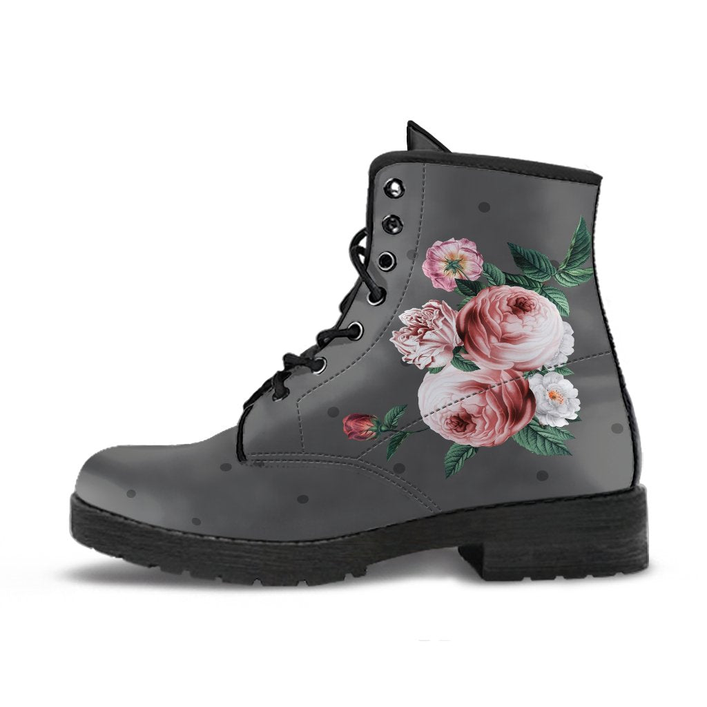 Combat Boots - Beautiful Flowers #12 Gray | Vegan Leather