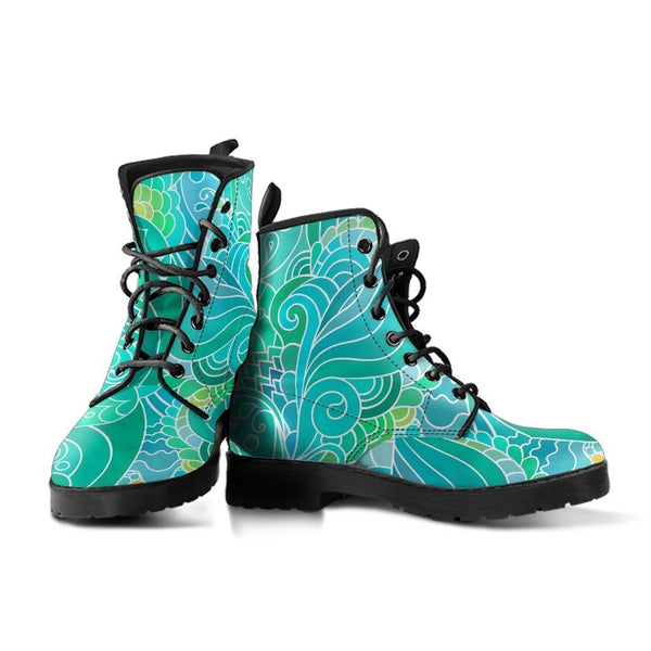 Combat Boots - Beautiful Green Doodle | Vegan Leather Lace