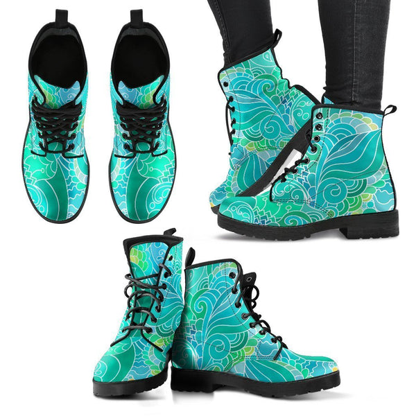 Combat Boots - Beautiful Green Doodle | Vegan Leather Lace