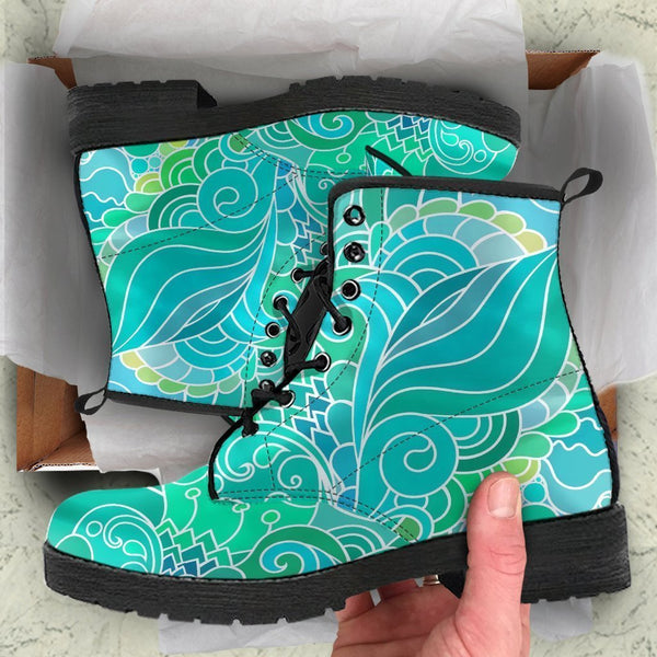 Combat Boots - Beautiful Green Doodle | Vegan Leather Lace