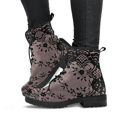 Combat Boots - Black Lace Print Design | Boho Shoes Vegan