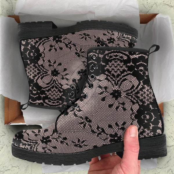 Combat Boots - Black Lace Print Design | Boho Shoes Vegan