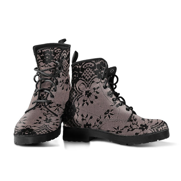 Combat Boots - Black Lace Print Design | Boho Shoes Vegan