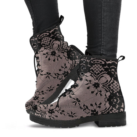 Combat Boots - Black Lace Print Design | Boho Shoes