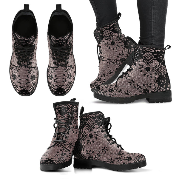 Combat Boots - Black Lace Print Design | Boho Shoes