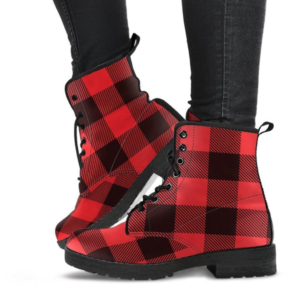 Combat Boots - Black & Red Plaid Boots | Red Boots Handmade