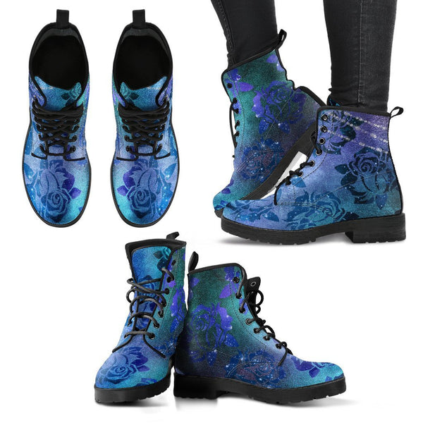 Combat Boots - Blue Green Boots with Roses | Custom Shoes