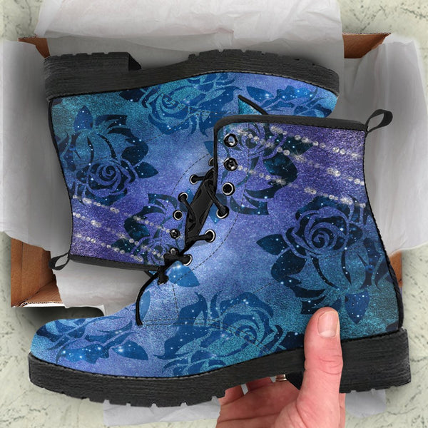 Combat Boots - Blue Green Boots with Roses | Custom Shoes