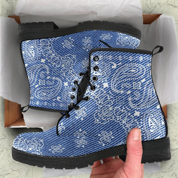 Combat Boots - Blue Paisley | Boho Shoes Handmade Lace Up