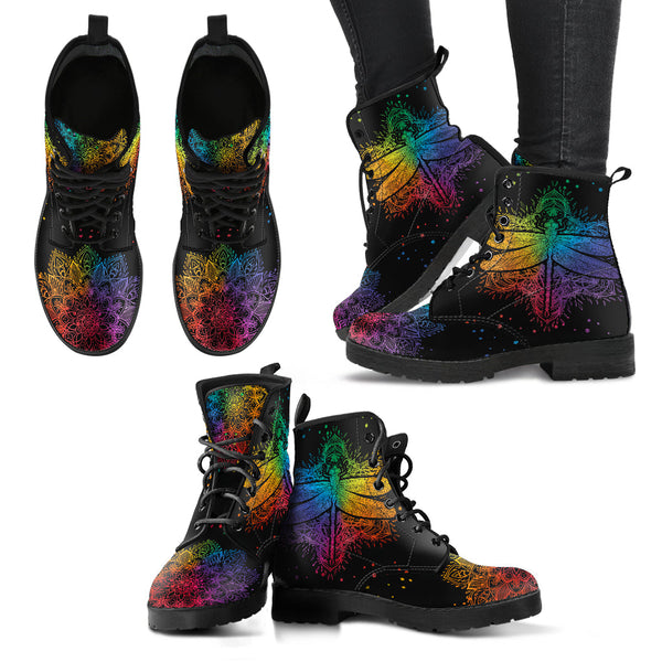 Combat Boots for Women - Colorful Mandala Dragonfly Cute