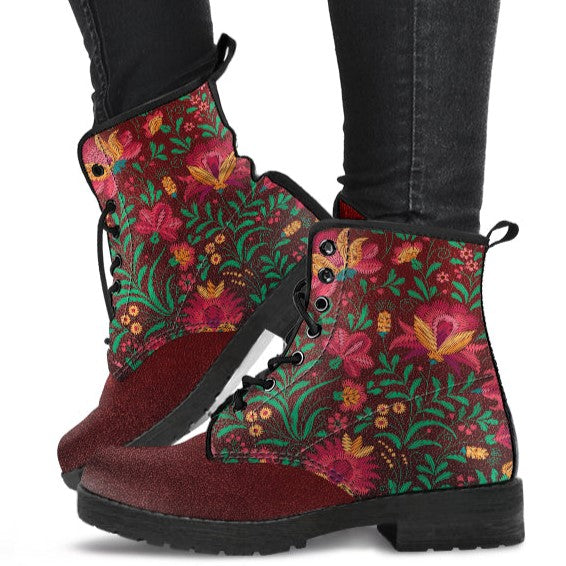 Combat Boots for Women - Floral Pattern Dark Maroon