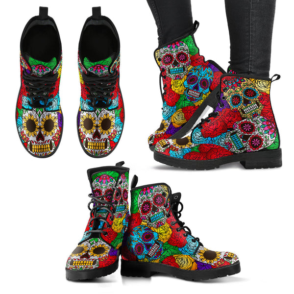 Combat Boots for Women - Rainbow Skulls with Floral Pattern