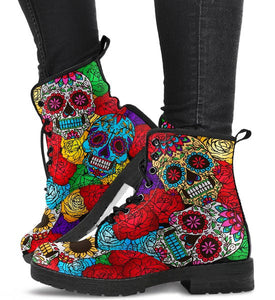 Combat Boots for Women - Rainbow Skulls with Floral Pattern