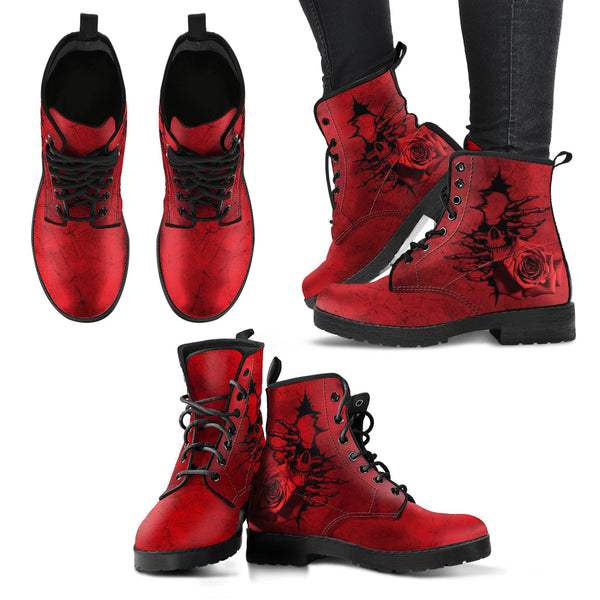 Combat Boots - Goth Shoes #102 Skulls & Roses Grunge Red