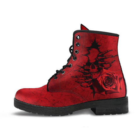 Combat Boots - Goth Shoes #102 Skulls & Roses Grunge Red