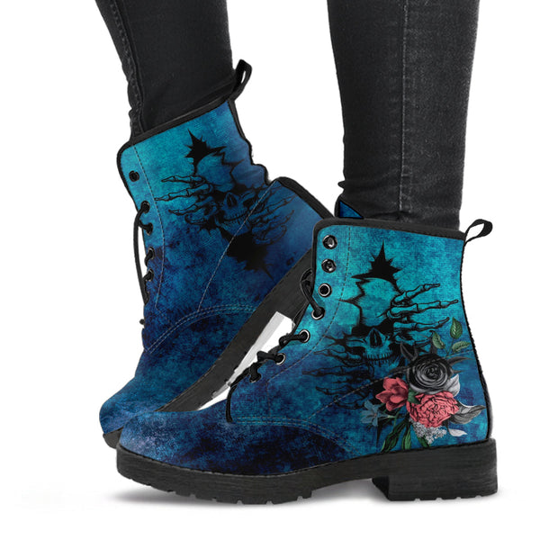 Combat Boots - Goth Shoes #103 Skulls & Flowers Grunge Blue