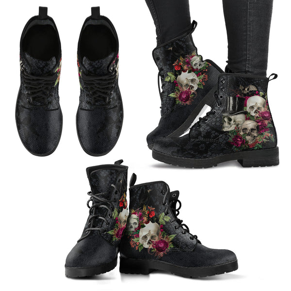 Combat Boots - Goth Shoes #106 Skulls & Roses Black Gothic