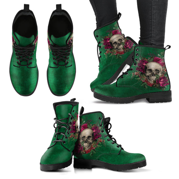 Combat Boots - Goth Shoes #110 Skulls & Roses Grunge Green