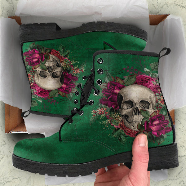 Combat Boots - Goth Shoes #110 Skulls & Roses Grunge Green