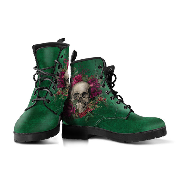 Combat Boots - Goth Shoes #110 Skulls & Roses Grunge Green