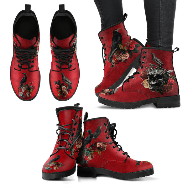 Combat Boots - Goth Shoes #111 Skulls & Roses Grunge Red