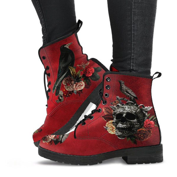 Combat Boots - Goth Shoes #111 Skulls & Roses Grunge Red