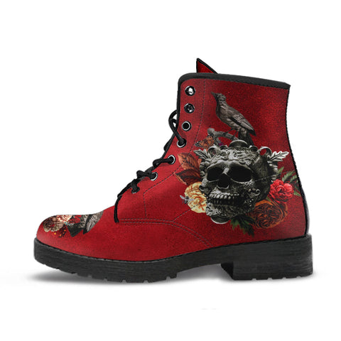 Combat Boots - Goth Shoes #111 Skulls & Roses Grunge Red