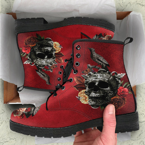 Combat Boots - Goth Shoes #111 Skulls & Roses Grunge Red