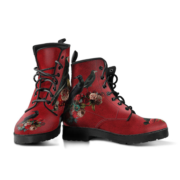 Combat Boots - Goth Shoes #111 Skulls & Roses Grunge Red