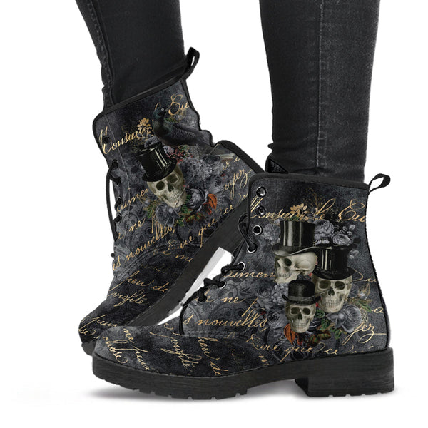 Combat Boots - Goth Shoes #112 Skulls & Roses Grunge Gray