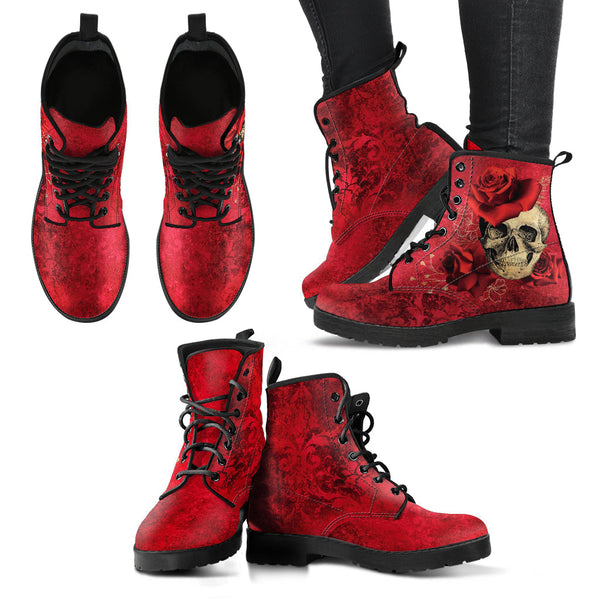 Combat Boots - Goth Shoes #301 Skulls & Roses Grunge Red