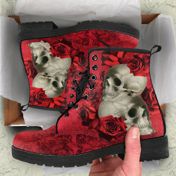 Combat Boots - Goth Shoes #302 Skulls & Roses Grunge Red