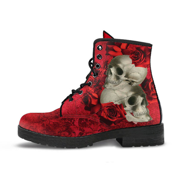 Combat Boots - Goth Shoes #302 Skulls & Roses Grunge Red