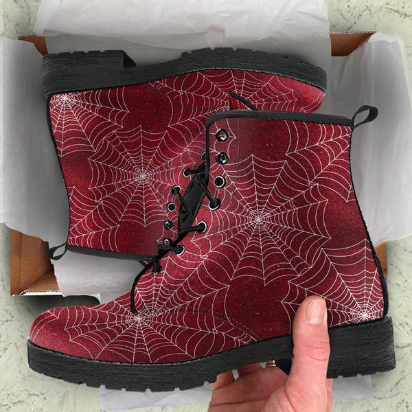 Combat Boots - Goth Shoes #72 Red Spiderweb Boots | Vegan